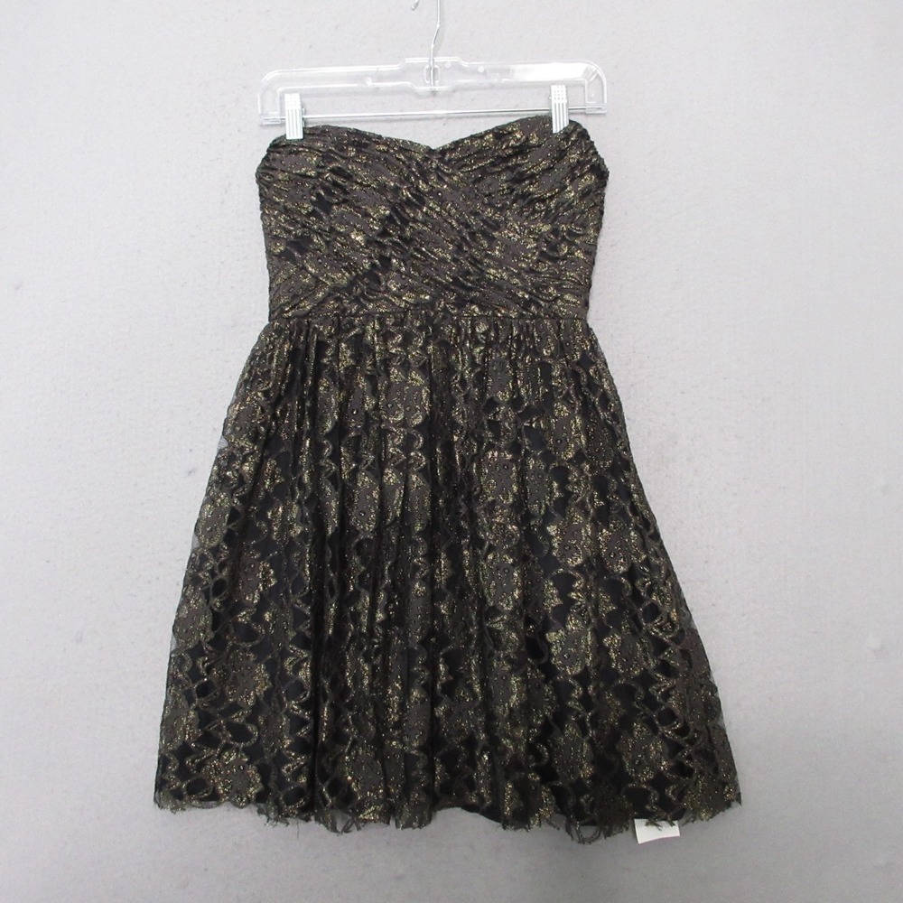 Vintage Jill Stuart Dress 0 Black Mini Lace Baby Doll Gold Metallic 90s Y2K Mesh